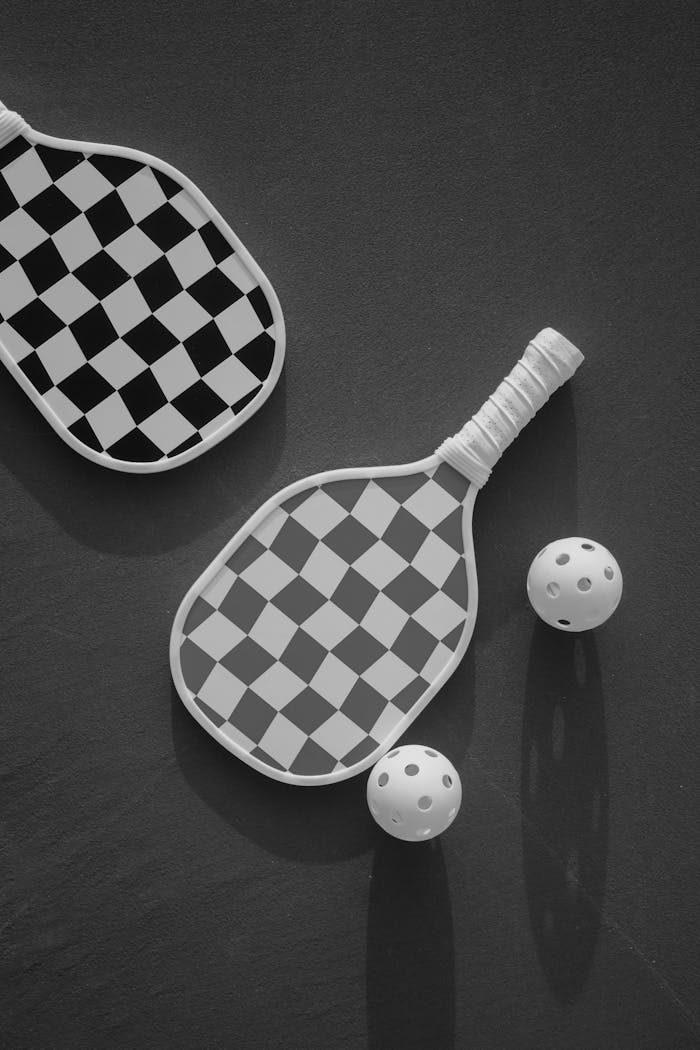 The Art of Drawing Readers In: Your attractive post title goes here Stylish black and white checkered paddles and balls on a dark background, top view.