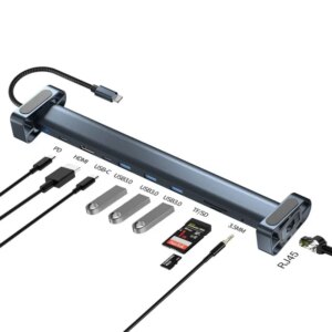 Aluminium 10 i 1 USB-C Hub og stander. USB-C PD 100W, 4K HDMI, 3xUSB 3.0, RJ45. 100W USB Dock. -