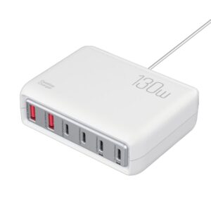 130W PD3.0 GaN Multi-port USB-C/USB-A Hurtig Oplader. 6 Porte. Hvid -