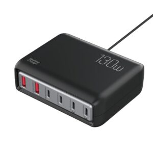 130W PD3.0 GaN Multi-port USB-C/USB-A Hurtig Oplader. 6 Porte. Sort -