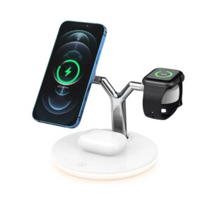 3-i-1 Magnetisk Trådløs Oplader Dock til iPhone, AirPods Pro, Apple Watch mm. 15W. Hvid. -