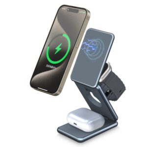 3-i-1 Foldbar Magsafe Trådløs Opladestander. Oplad iPhone, AirPods og Apple Watch samtidigt. -