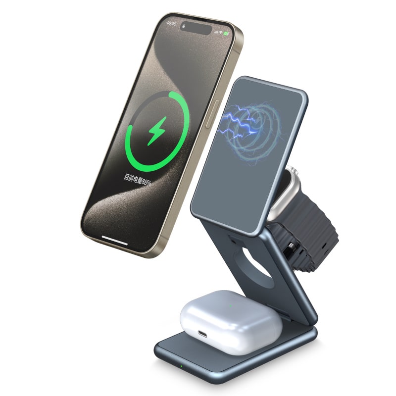 3-i-1 Foldbar Magsafe Trådløs Opladestander. 15W Oplader. 3-i-1 Foldbar Magsafe Trådløs Opladestander. Oplad iPhone, AirPods og Apple Watch samtidigt. -