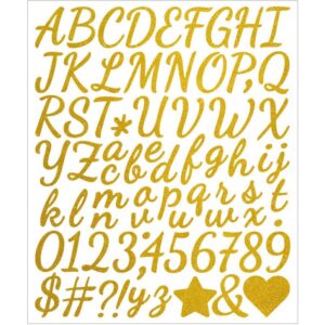 Alfabet klistermærker med flotte bogstaver, tegn og tal. Store og små bogstaver. A til Z. Gold -