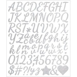 Alfabet klistermærker med flotte bogstaver, tegn og tal. Store og små bogstaver. A til Z. Silver -