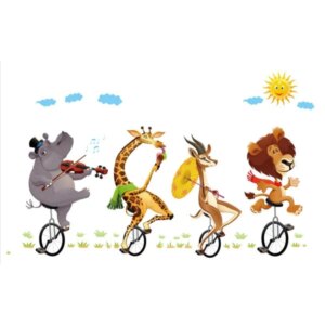 Sjove dyr på ethjulede cykler. Sød og farverig wallsticker til væggen. -