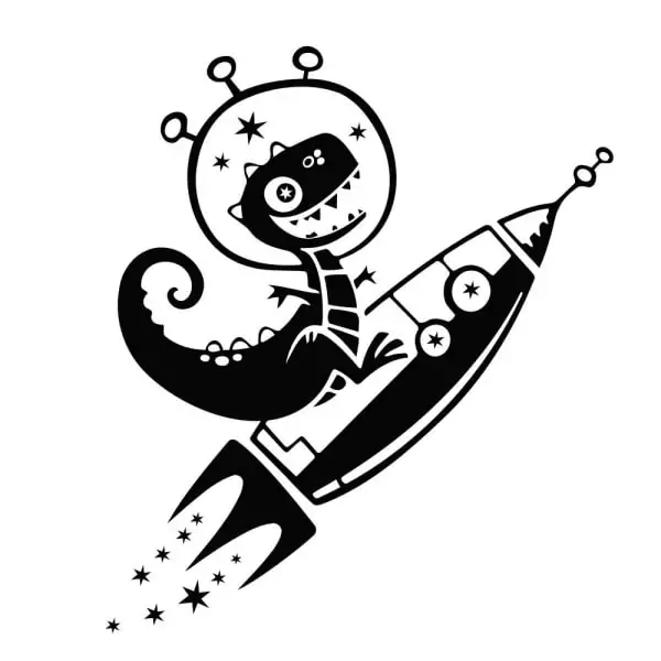 dinosaurus-i-rummet Sød wallsticker med en dinosaurus på en rumraket ud i rummet. -