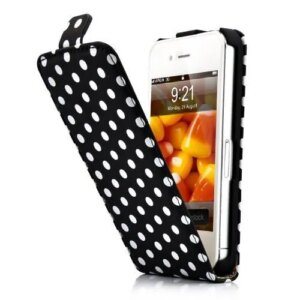 Dots Leather case med magnet flip til iPhone 4/4S. Sort. -