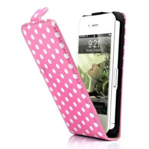 Dots Leather case med magnet flip til iPhone 4/4S. Lyserød. -