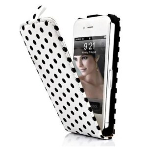 Dots Leather case med magnet flip til iPhone 4/4S. Hvid. -
