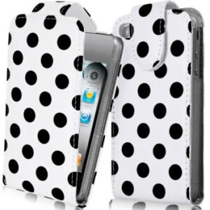 Dots Leather case (store) med magnet flip til iPhone 4/4S. Hvid. -
