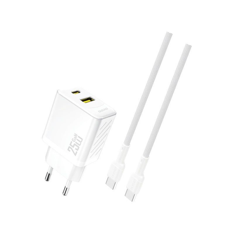 Dudao A26TEU 25W oplader. USB-C & USB-A. Inkl USB-C kabel. Hvid Dudao A26TC GaN 2.4A 25W Dual USB oplader. Inkl. USB-C kabel. Hvid -