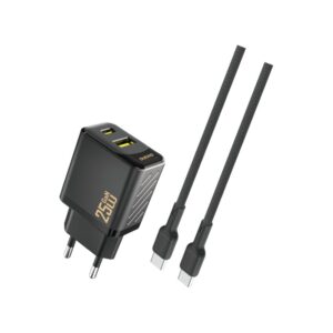 Dudao A26TC GaN 3A 25W Dual USB oplader. Inkl. USB-C kabel. Sort -