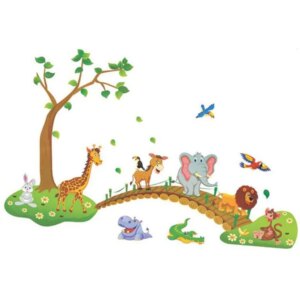 Dyr på vej over broen. Wallsticker med søde dyr i flotte farver til væggen. -