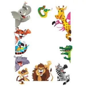 Farverig wallsticker med masser af søde dyr, der kigger frem. -