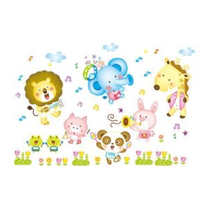 Dyrewallsticker til børneværelset. Elefant, Giraf, Løve mm spiller musik. -