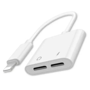 iPhone Lightning splitter. Dual opladning og earphone adapter. Hvid. -