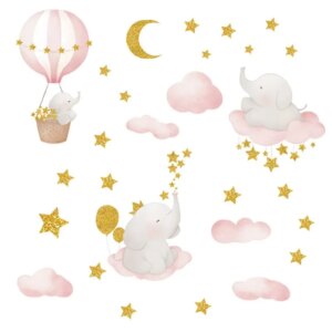 Flot wallsticker med søde elefanter der svæver på skyerne. -