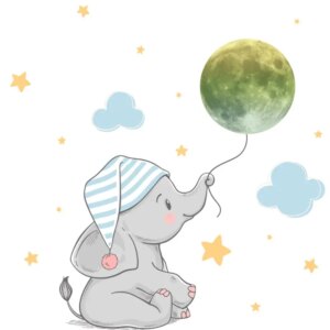 Sød selvlysende wallsticker med en lille elefant unge der holder månen i en snor. Lille. 18 stk. -