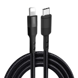 Flettet USB-C til Lightning-kabel. 9V, 20W hurtig opladning. Sort. 1 m. -
