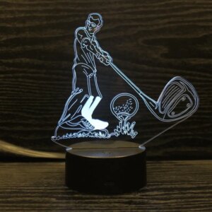 Golf 3D lampe. Lysende golfspiller der lægger an til slag. Farveskift mellem 7 farver. -