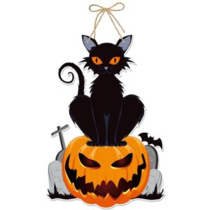 Hængende Halloween Vægdekoration. Sort kat på skræmmende Græskar -