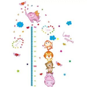 Højdemåler wallsticker. Dyretårn og masser af hjerter. 60-180cm. -