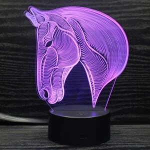 Heste 3D lampe. Flot og elegant Hestehoved lampe. Farveskift mellem 7 farver. -