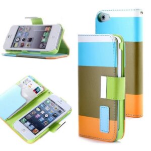 Læder cover m kreditkortholder til iPhone 4/4S.Blå/Khaki/Orange. -