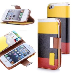 Læder cover m kreditkortholder til iPhone 4/4S.Gul/Sort/Brun. -