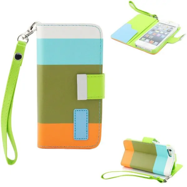 ip5-credit-blu-gree-ora Læder cover m kreditkortholder til iPhone 5/5S.Blå/Khaki/Orange. -