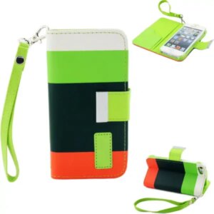 Læder cover m kreditkortholder til iPhone 5/5S.Grøn/Grøn/Orange. -