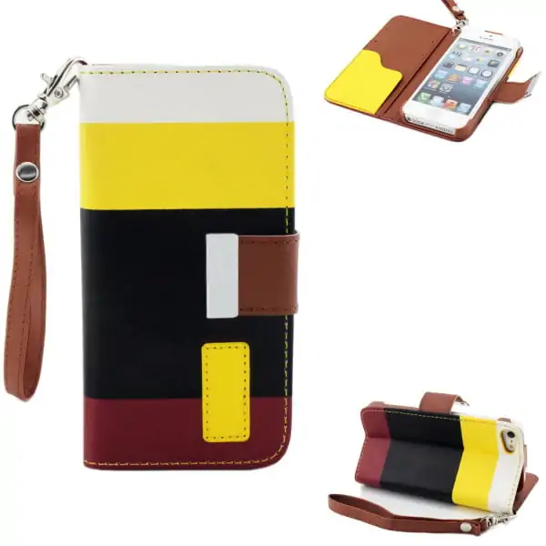 ip5-credit-yel-bla-bro Læder cover m kreditkortholder til iPhone 5/5S.Gul/Sort/Brun. -