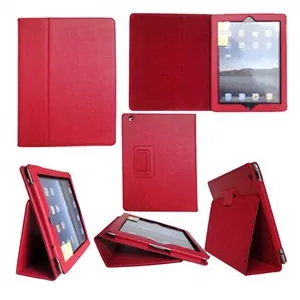Lædertaske /-holder til iPad 2/iPad 3/iPad 4. Rød. -
