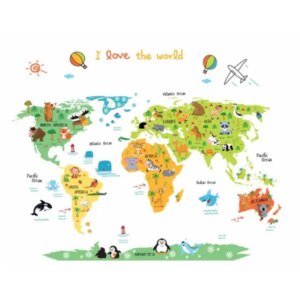 I Love The World wallsticker. Flot verdenskort for børn. -