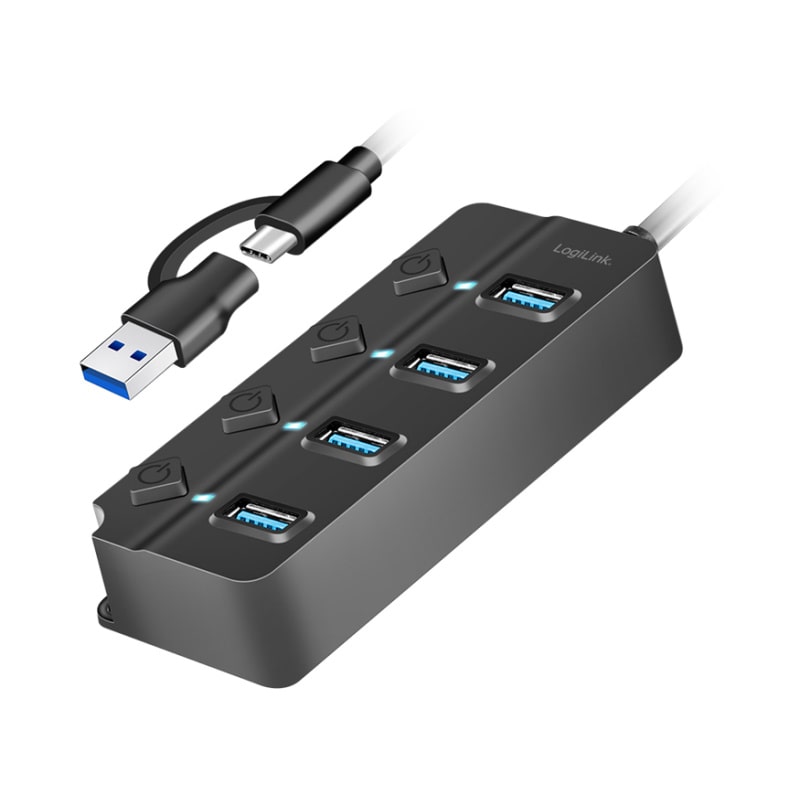 LogiLink USB-C Hub. 4 Porte USB 3.2 Gen1 SuperSpeed. 2-i-1 LogiLink USB-C Hub. 4 Porte USB 3.2 Gen1 SuperSpeed med 2-i-1 stik -