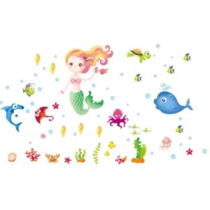Wallsticker med en havfrue, fisk og andre sjove havdyr. -
