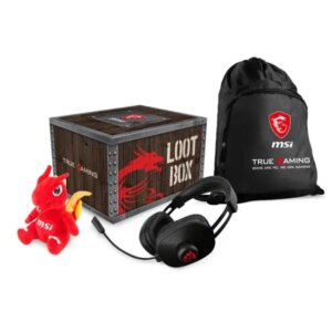 MSI Loot Box. Gaming-rygsæk, gaming-headset, MSI Dragon-bamse. -