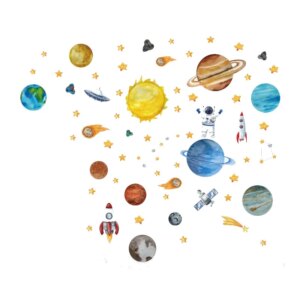 Alle planeterne i vores solsystem. Farverig Universet wallsticker med rumskibe, UFOer mm. -