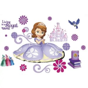 Flot wallsticker med en prinsesse, feer, slot, fugl, blomster mm -