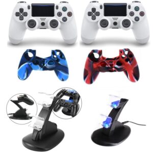 PlayStation 4 Controller Bundle. 2x PS4 Controllere, 2x PS4 controller silikone covers og 1x PS4 Controller dual charger. -