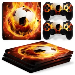 PS4 Pro skin til konsol og to controllere. Fodbold i flammer. -