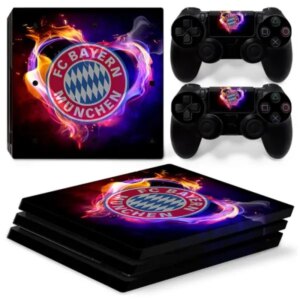 PS4 Pro skin til konsol og to controllere.Bayern-logo i flammer -