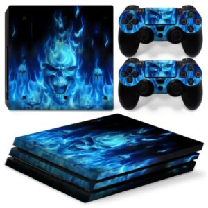 PS4 Pro skin til konsol og to controllere. Skull of blue fire. -
