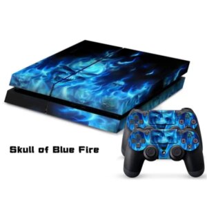 PS4 Slim skin til konsol og to controllere. Skull of blue fire. -