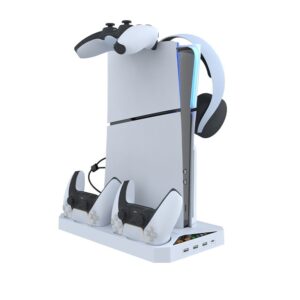 Multifunktionel PS5 Slim Cooling Stand med plads til PS5 controllere samt headphones -