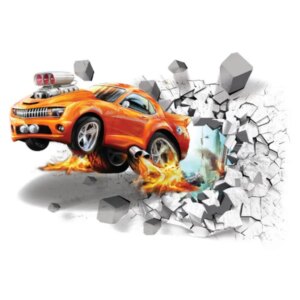 Fed racerbil wallsticker. Hul i væggen. 70x50cm. -