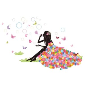 Pige med sæbebobler og sommerfugle. Sød wallsticker. -