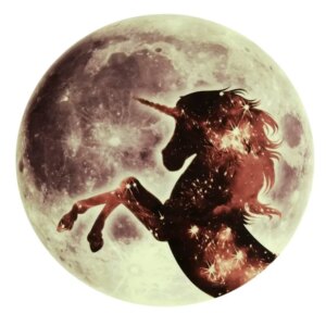 Stor selvlysende måne wallsticker. 30 cm. Stejlende Enhjørning. -