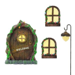 Flot Selvlysende Have Dekoration i 4 dele. Hyggeligt sæt med dør og vinduer til havens venner. -